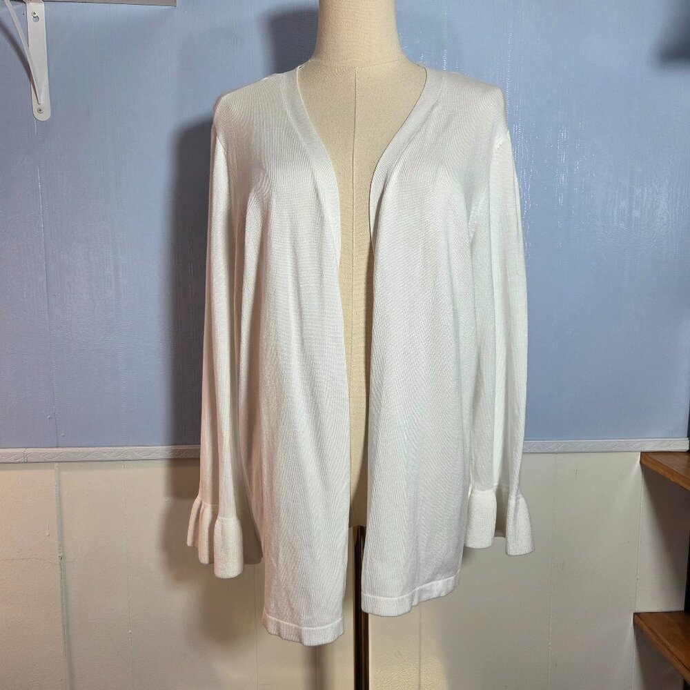 Roz & Ali 1X White Open 3/4 Ruffled Sleeve Lightweight Knit Cardigan ( Flawed )
